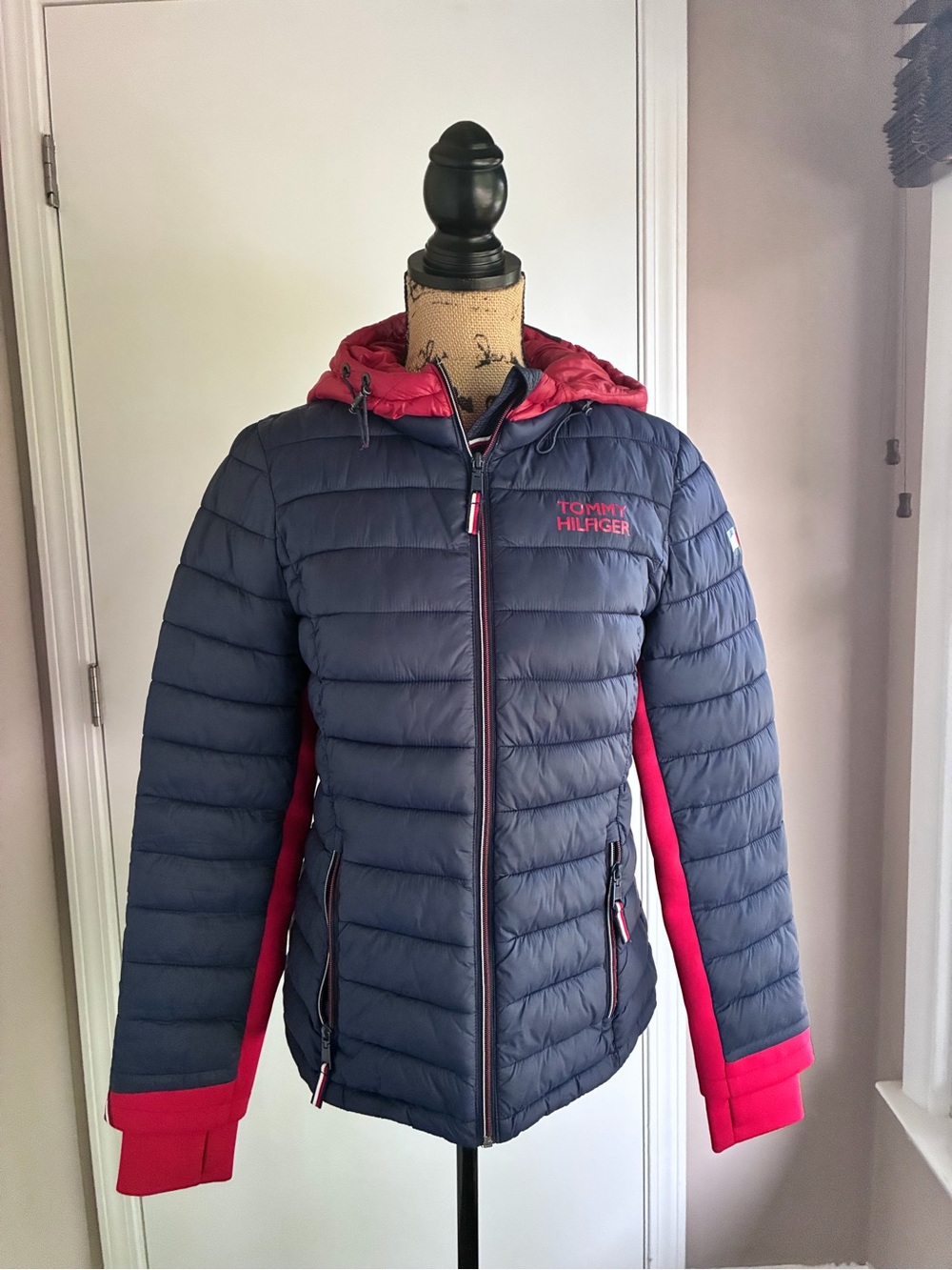Tommy Hilfiger Navy and Red Quilted Hooded Puffer Jacket